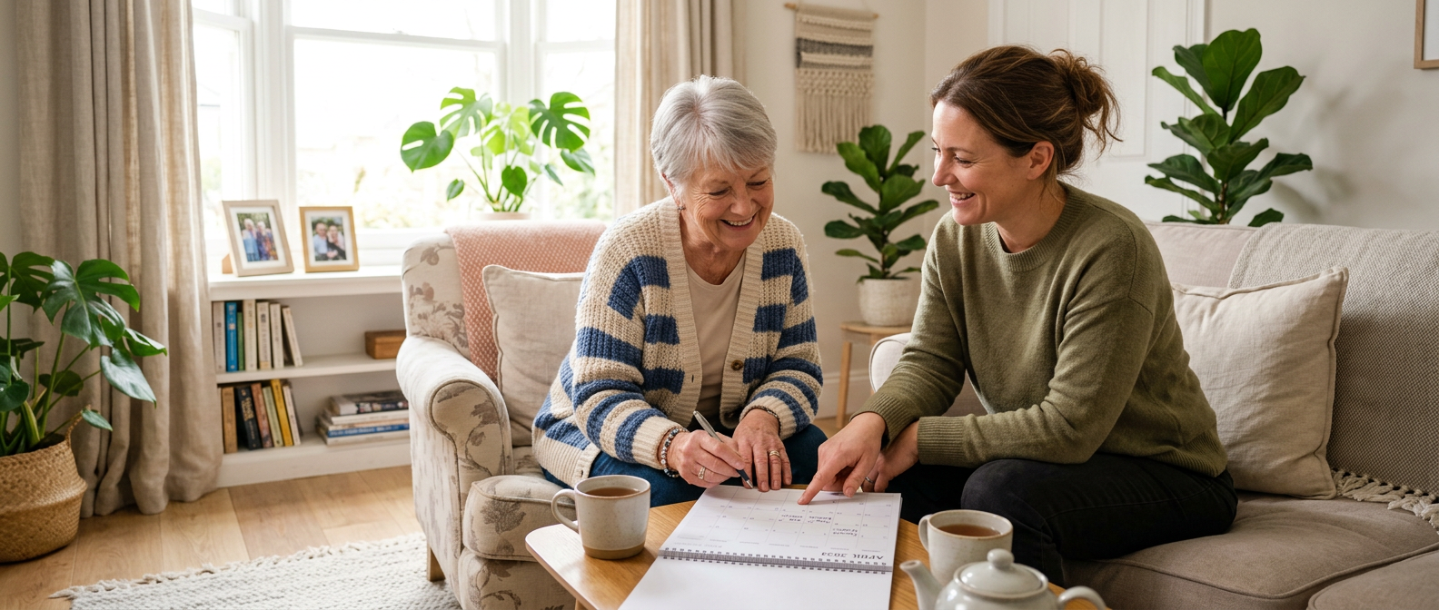 A warm, natural lifestyle photo of an older adult and a caregiver in a comfortable home