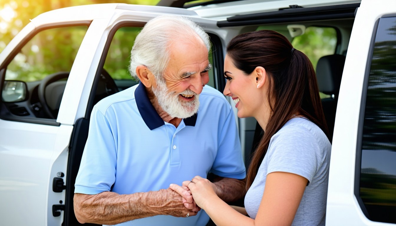 A senior being helped into a non-emergency medical
